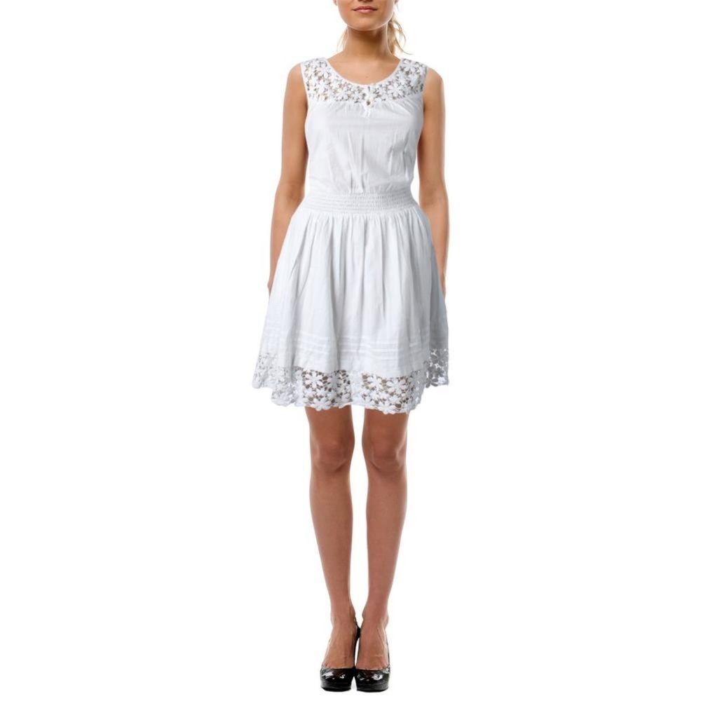 LRL Lauren Jeans Co. White Smocked Lace-Trim Casual Dress